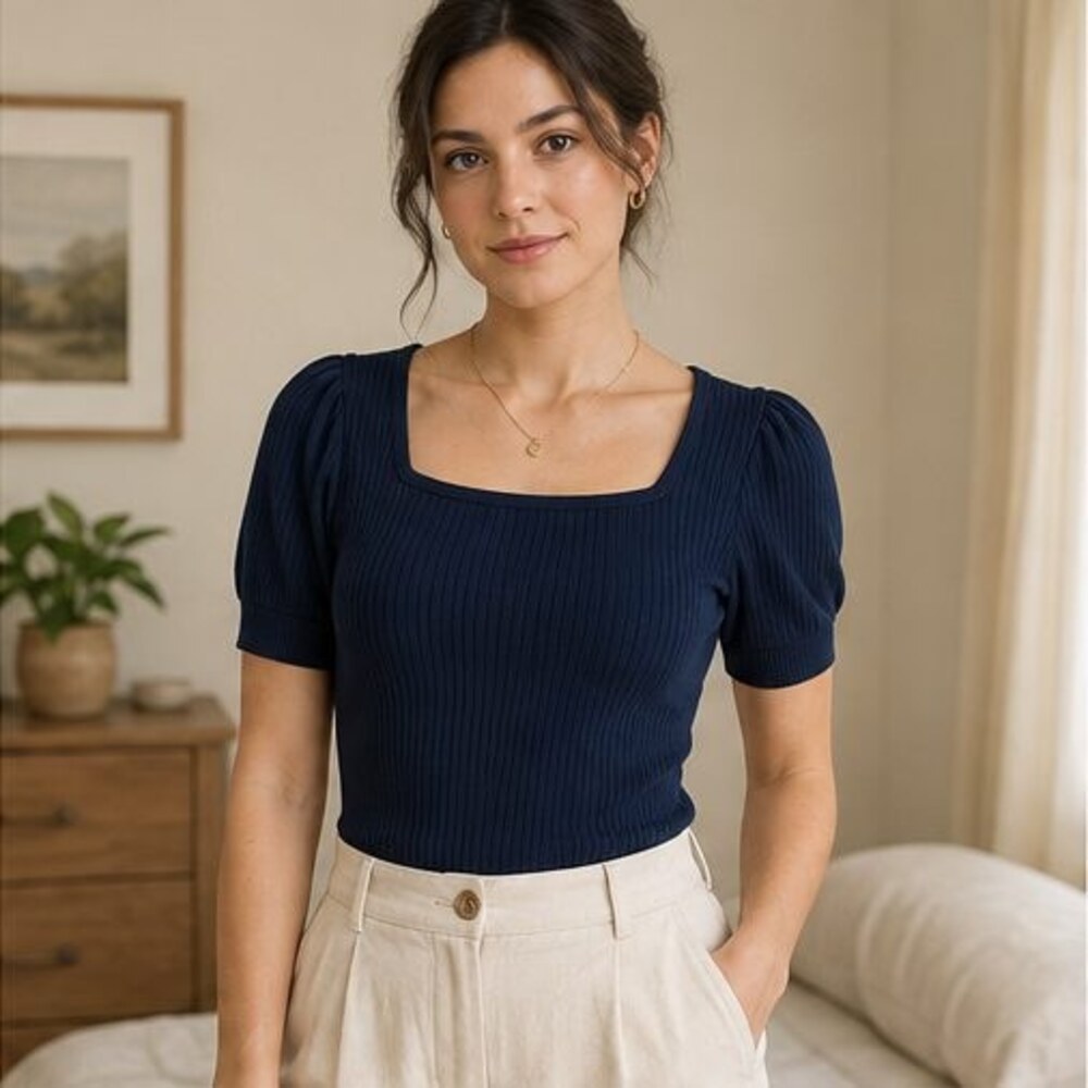 Navy Ribbed Square Neck Top - Picture 2 of 6